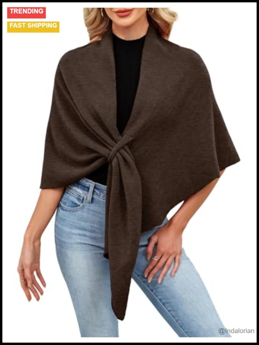 Soft Knitted Open Front Poncho Shawl Wrap Knot Detail One Size